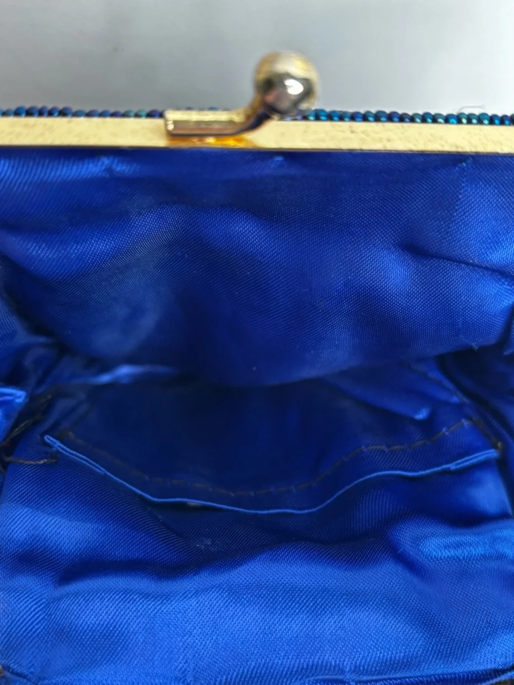 Vintage Evening Clutch Navy Blue Beaded Purse Kiss Lock Gold Chain Strap